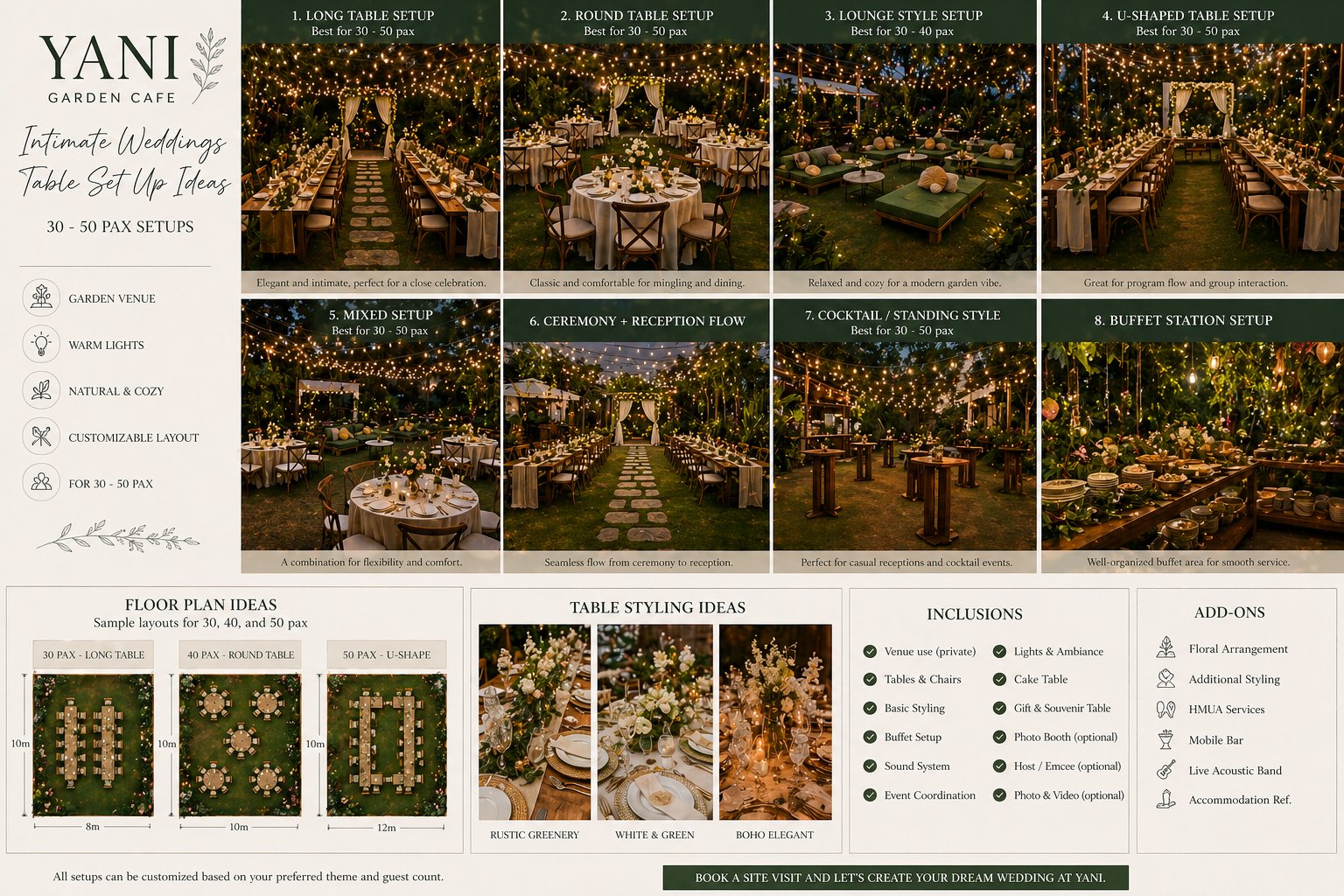 YANI Garden Cafe table setup ideas — 8 layout options